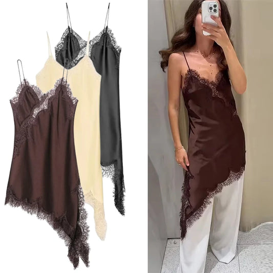 Satin Sexy Lace Spliced Short Sling Dress Women Sleeveless Backless Asymmetric Sexy Party Dresses 2025 Summer Lady Dress ﻿