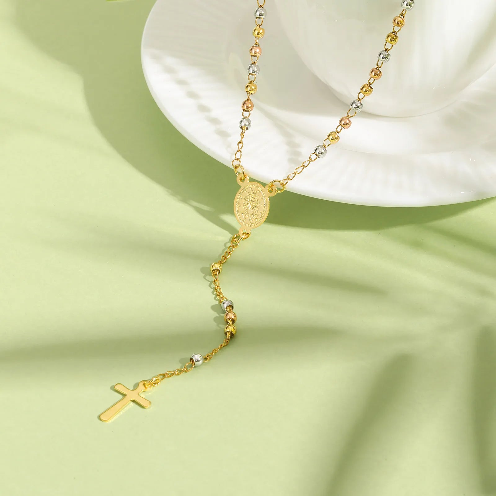 Stainless Steel Virgin Vrand Three-color Beaded Y-Shaped Necklaces for women,The Holy Spirit Cross Pendant Necklace,Jewelry Gift