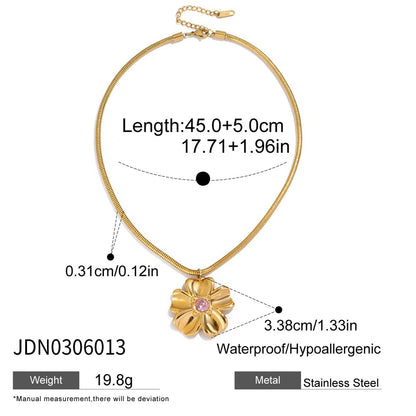 Zora Romantic Minimalist Pink Rhinestone Flower Pendant Necklace Earring 18K Gold Plated Stainless Steel Waterproof Girl Jewelry
