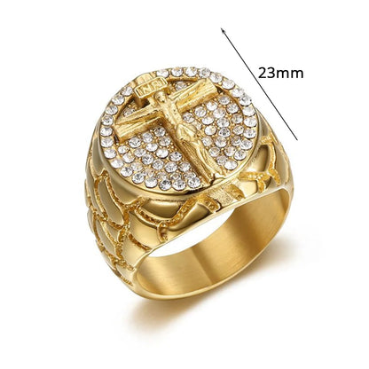Hip Hop Iced Out Big Jesus Cross Ring Male Gold Color Stainless Steel Christian Crucifix Rings For Men Religious Jewelry Gift
