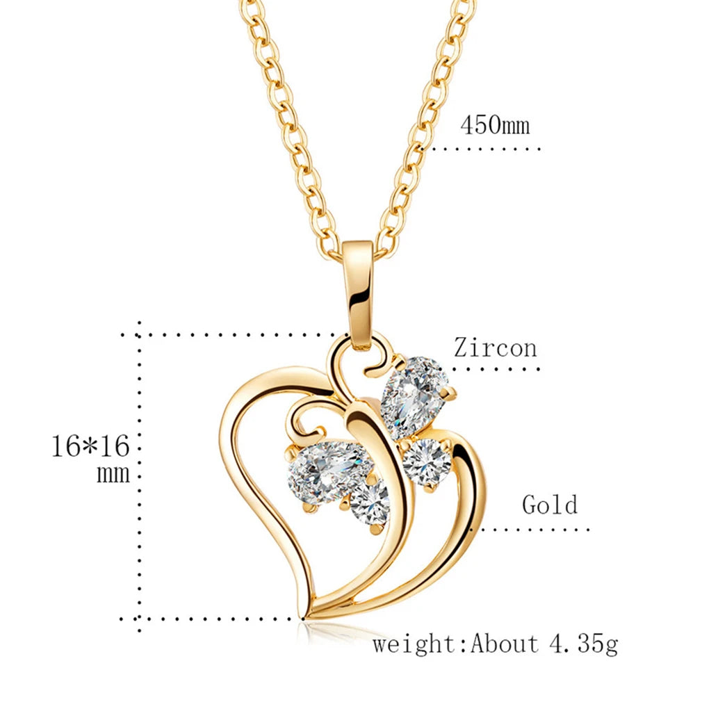 Punk Cute Small CZ Butterfly Heart Charm Pendant 45cm Female Gold Color Clavicle Necklace Chain For Women Fashion Jewelry Gift