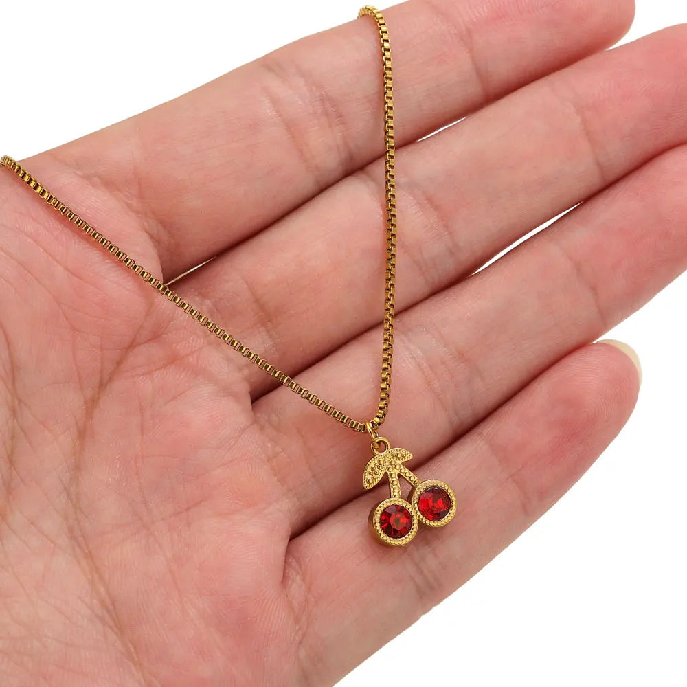 Stainless Steel Cherry Gold Color Pendant Necklace For Women Personality Fashion Necklace Wedding Jewelry Birthday Gifts