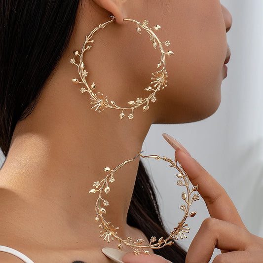 FTCY Exaggerated Hoop Earrings for Women Leaf Flower Gold Color Big Circle Earrings Vintage Trend Women's Jewelry Gift