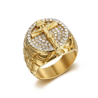 Gold Iced Out Jesus Cross Ring - Men's Religious Jewelry