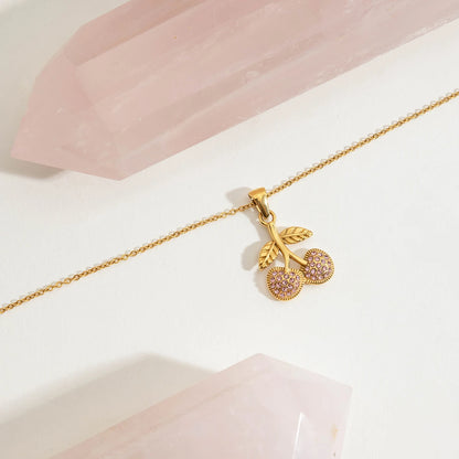 Zora Women's Fashion Pink Zircon Cherry Pendant Necklace 18K Gold Plated Stainless Steel Sweet Daily Decoration