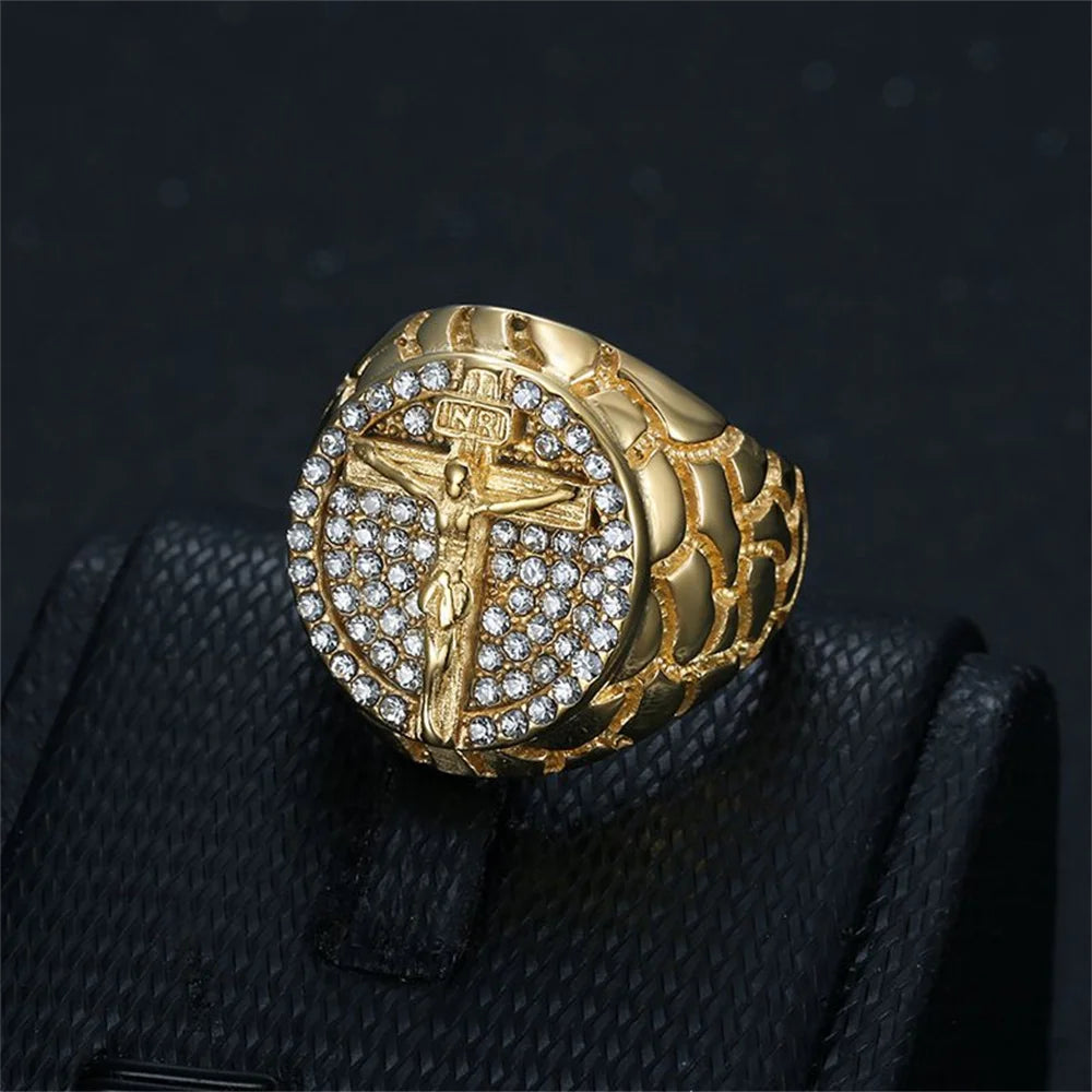 Hip Hop Iced Out Big Jesus Cross Ring Male Gold Color Stainless Steel Christian Crucifix Rings For Men Religious Jewelry Gift