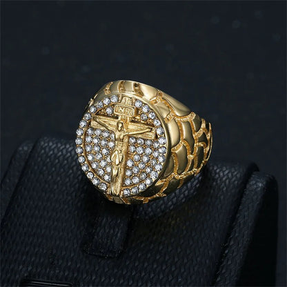 Hip Hop Iced Out Big Jesus Cross Ring Male Gold Color Stainless Steel Christian Crucifix Rings For Men Religious Jewelry Gift