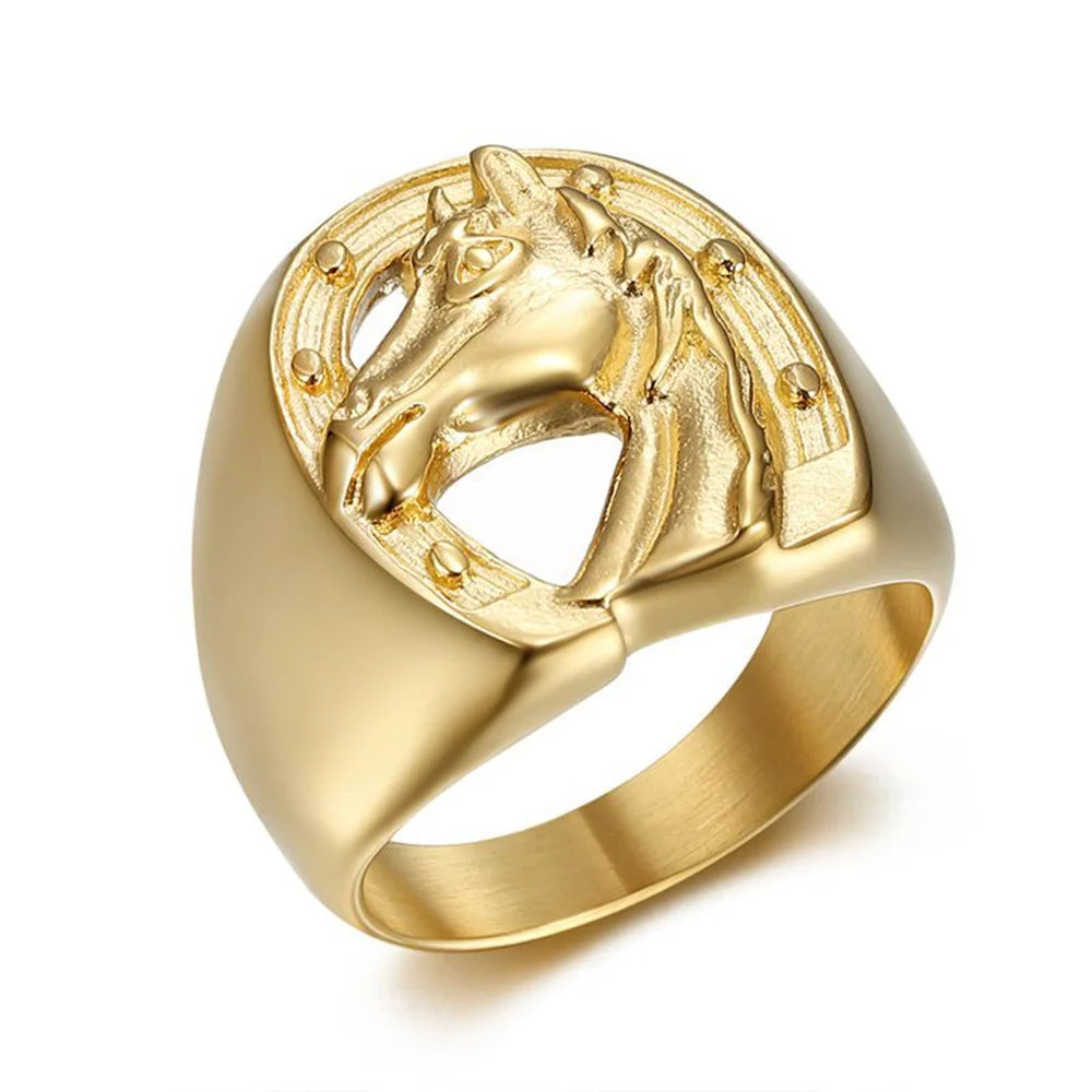 Punk Horseshoe Horse Head Ring Male Wholesale Gold Color Stainless Steel Big Animal Rings For Men Fashion Party Jewelry Gift