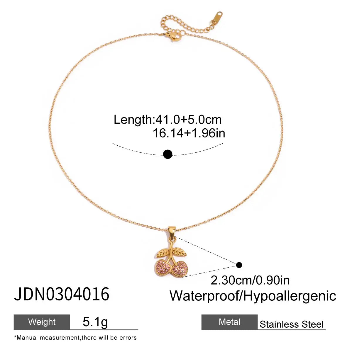 Zora Women's Fashion Pink Zircon Cherry Pendant Necklace 18K Gold Plated Stainless Steel Sweet Daily Decoration