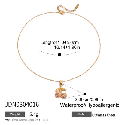 Zora Women's Fashion Pink Zircon Cherry Pendant Necklace 18K Gold Plated Stainless Steel Sweet Daily Decoration