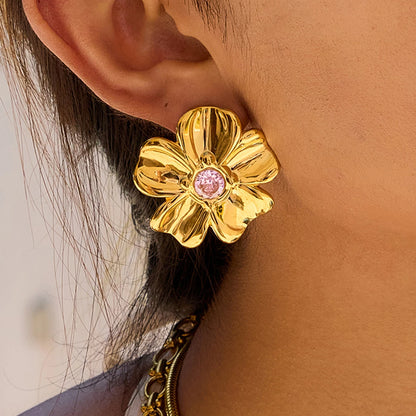 Zora Romantic Minimalist Pink Rhinestone Flower Pendant Necklace Earring 18K Gold Plated Stainless Steel Waterproof Girl Jewelry