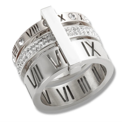 Three Layers Roman Numerals Ring for Women Luxury Stainless Steel Rotatable Crystal Finger Rings Female Wedding Trendy Jewelry