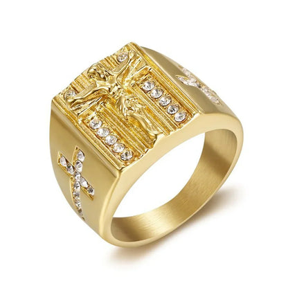 Gold Jesus Cross Ring for Men - Hip Hop Style