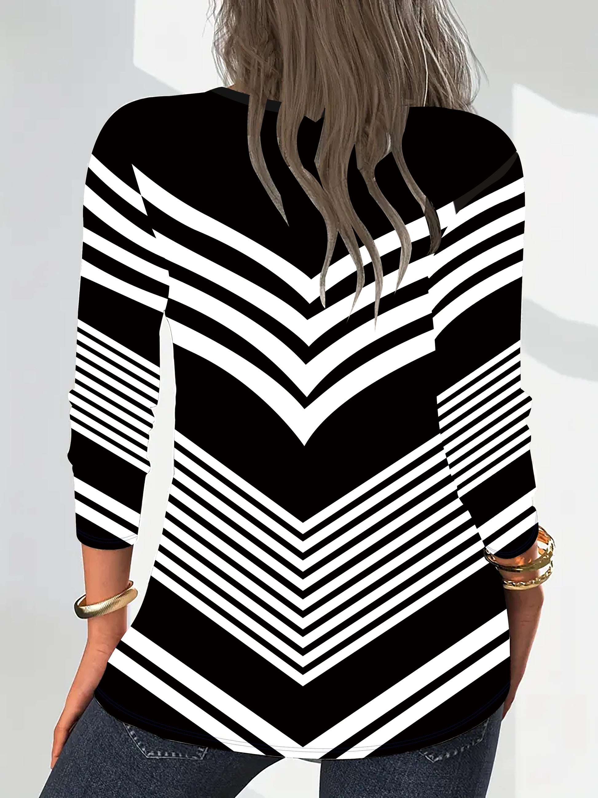 3/4 Sleeve Knit Polyester Blend Women's Elegant V-Neck T-Shirt - Striped Zip-Front, Regular Fit, Fall Collection