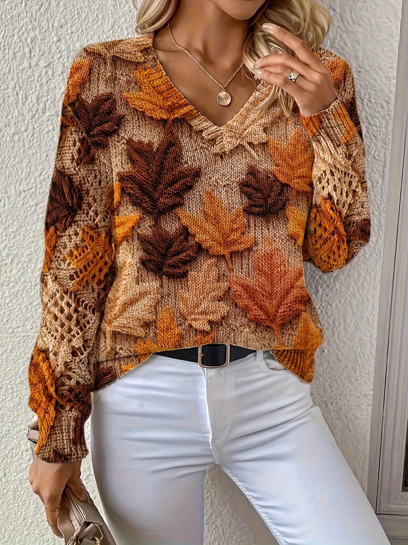 Women'S Elegant Bohemian Sweater - Long Sleeve V-Neck Pullover with Maple Leaf Print in Brown/Orange/Red/Black/Beige/, All-Season Chic Sweater for Office, Casual, Home - Machine Washable Women'S Sweater, Versatile Top, Stylish Knitwear, Comfortable Material, Printed Top, Fashion Lovers, Blouse For Women, Sweater For Women Plu Size/, Plu Size Too, Plu Size Women Winter Top, Nice Sweater For Women, Fall Clothe For Women, Cardigan For Women, Fall Sweater Women
