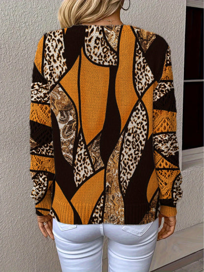 Elegant All-Season Bohemian Fashionable Versatile Pullover V Neck Long Sleeve Women's Top with Floral Pattern Flat Digital Print, Full-Piece Knitwear for Office Wear Street Style Home Outings