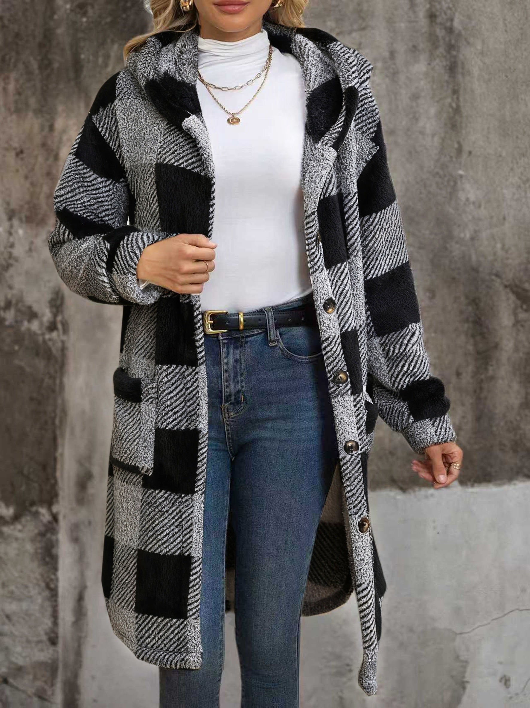 Popular European and American Women's Fashion: New Autumn/Winter Black and White Checkered Double-Sided Plush Hooded Pocket Mid-Length Casual Coat