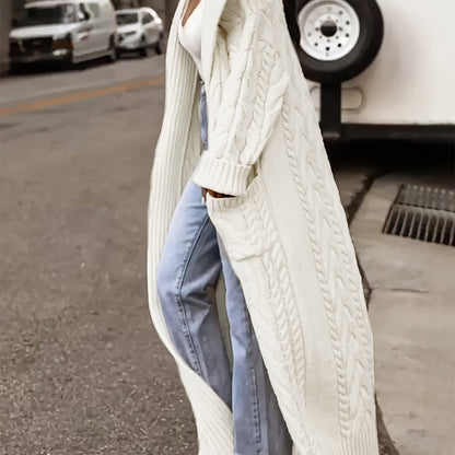 Elegant Cable-Knit Long Cardigan with Wide Collar