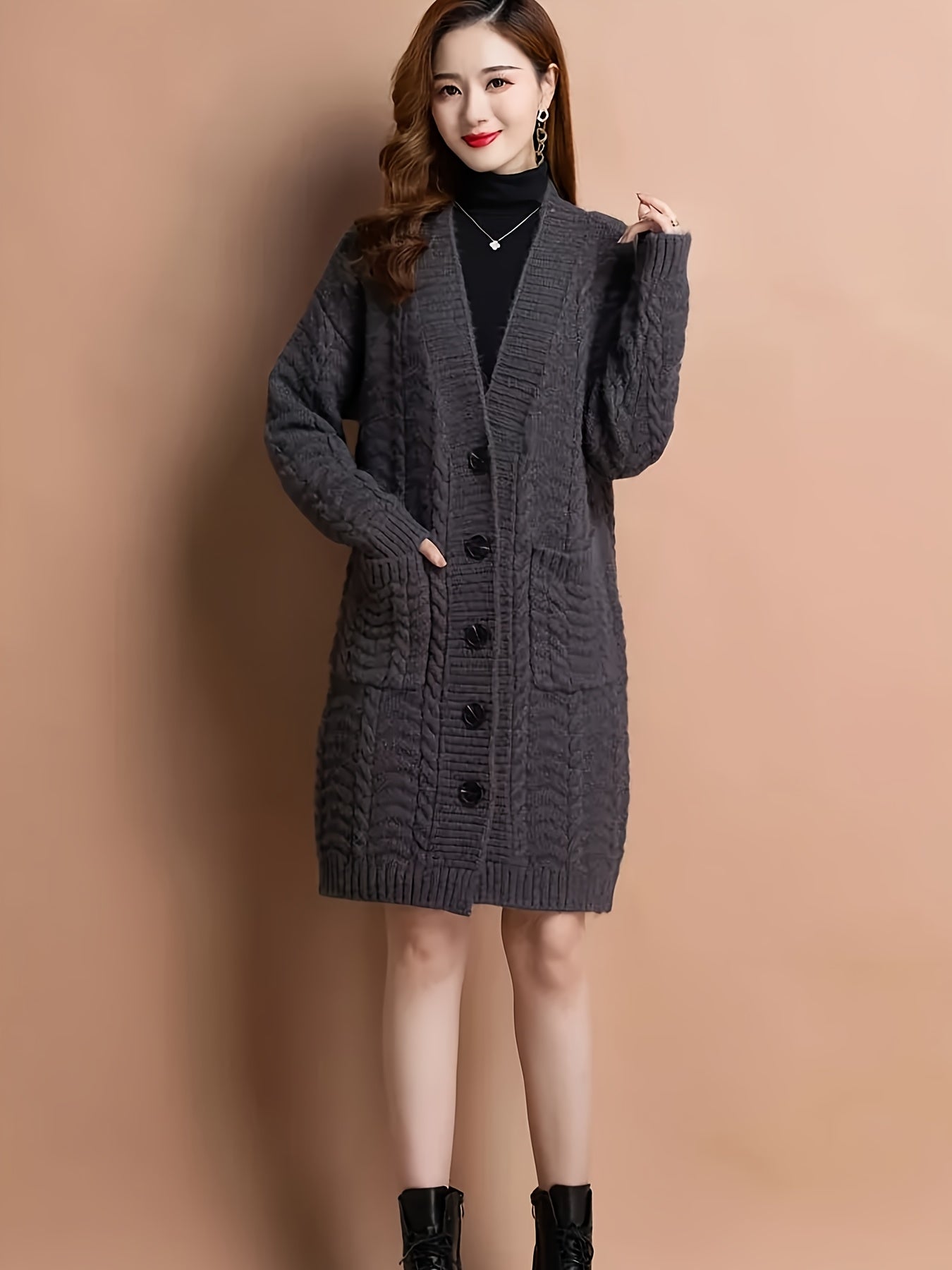 Women'S Button Coat with Pockets, V-Neck Cardigan, Basic Outerwear Top D041