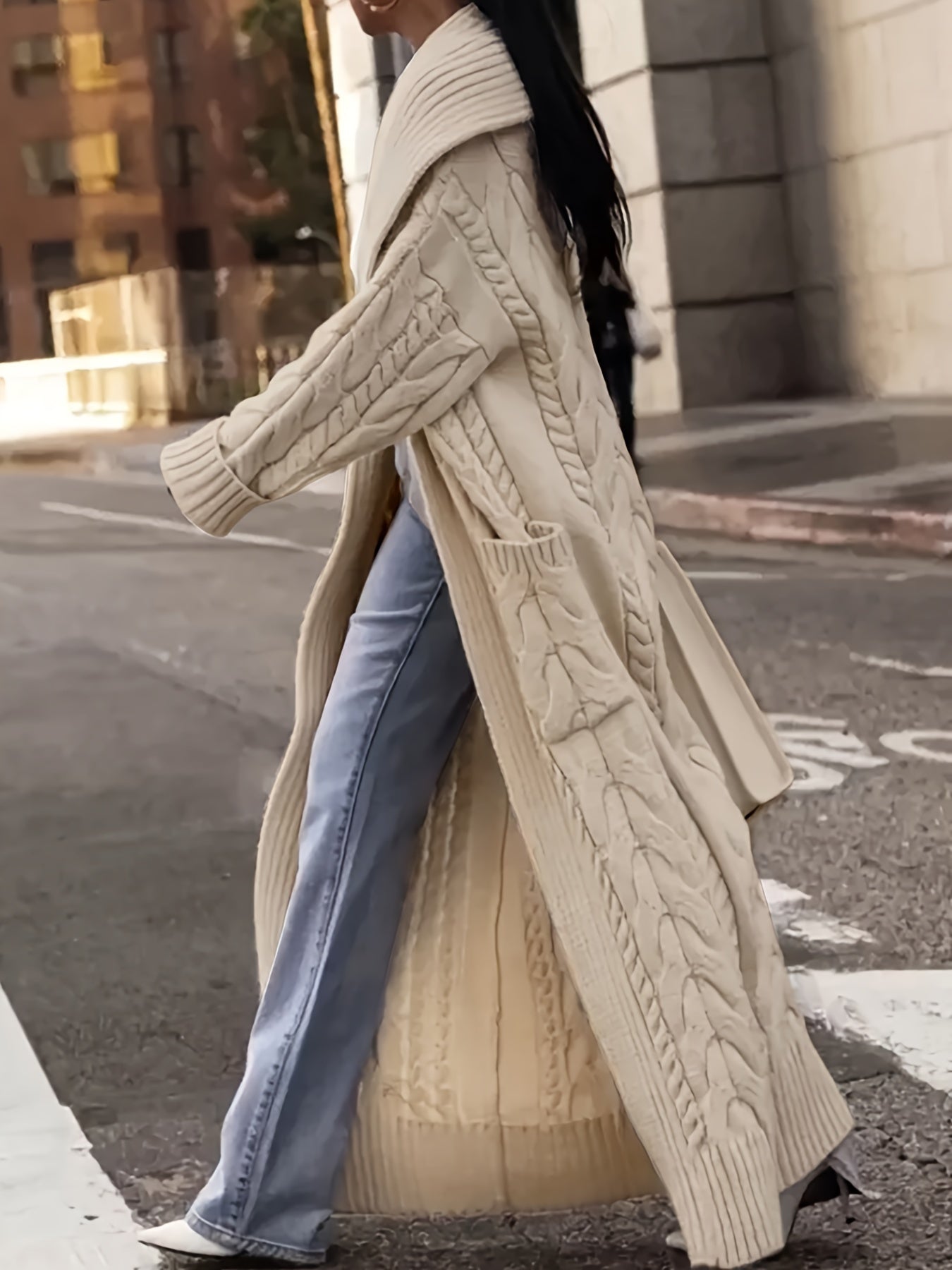 Directional Development of a Long Cardigan Sweater with a Large Collar And Chunky Cable for Spring, Autumn, And Winter.