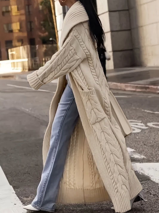 Directional Development of a Long Cardigan Sweater with a Large Collar And Chunky Cable for Spring, Autumn, And Winter.