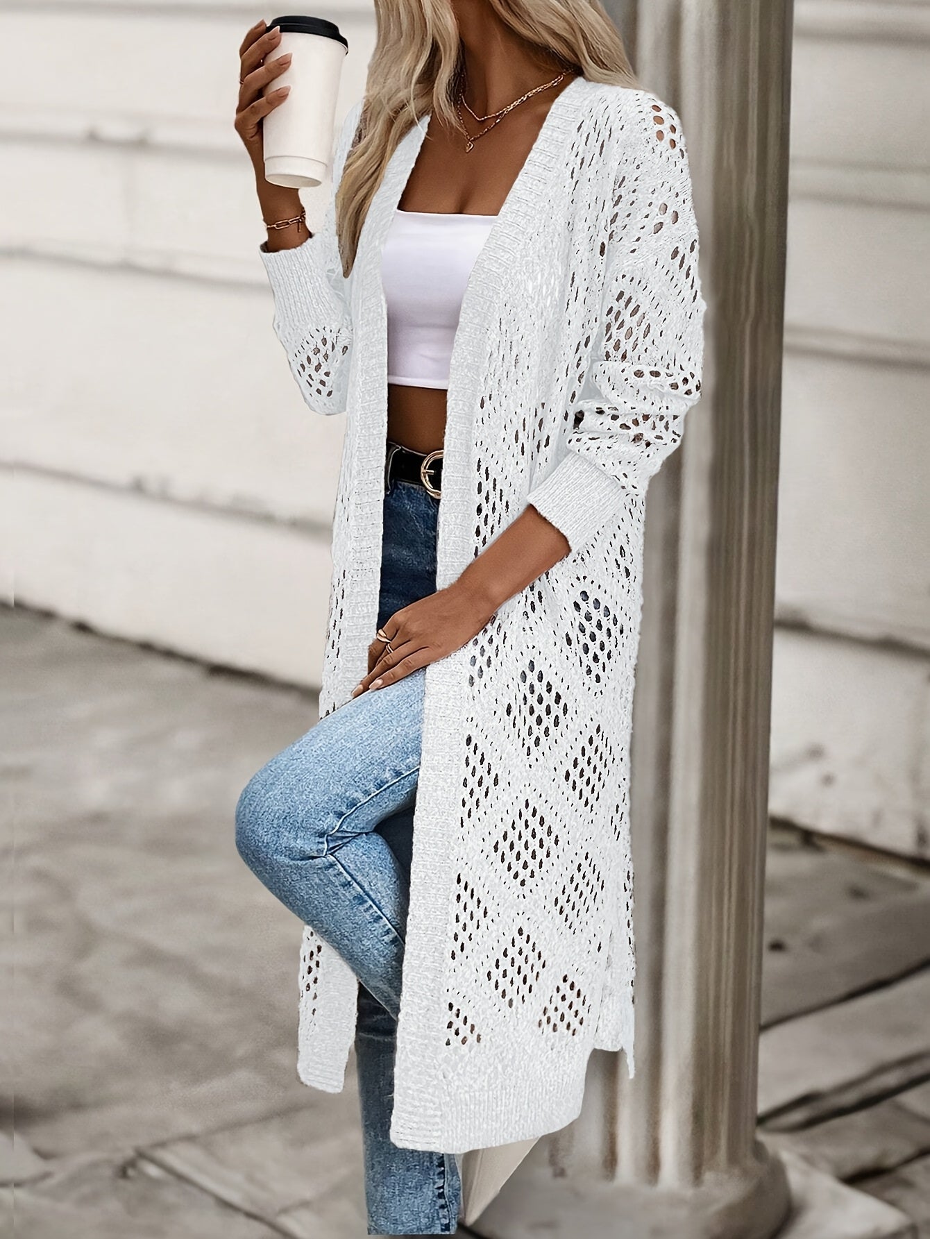 Women's Crochet Lace Off-Shoulder Long Kimono Cardigan for Spring/Summer Beachwear (Bikini Not Included)