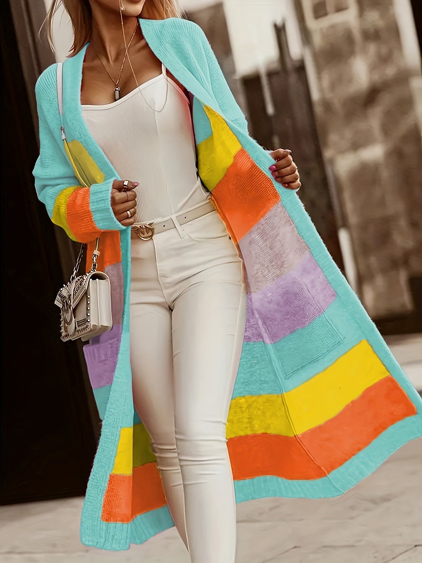 Women'S Color Block V-Neck Long Sleeve Cardigan - Casual Open Front Sweater with Pockets, Lightweight Spring/Fall Layering Piece for Casual Attire, Sweater Cardigan