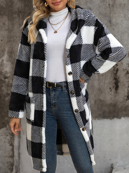 Popular European and American Women's Fashion: New Autumn/Winter Black and White Checkered Double-Sided Plush Hooded Pocket Mid-Length Casual Coat
