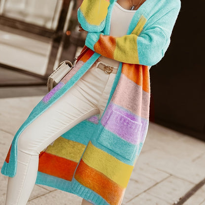Chic Color Block V-Neck Cardigan with Pockets