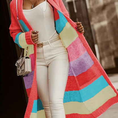 Chic Color Block V-Neck Cardigan with Pockets