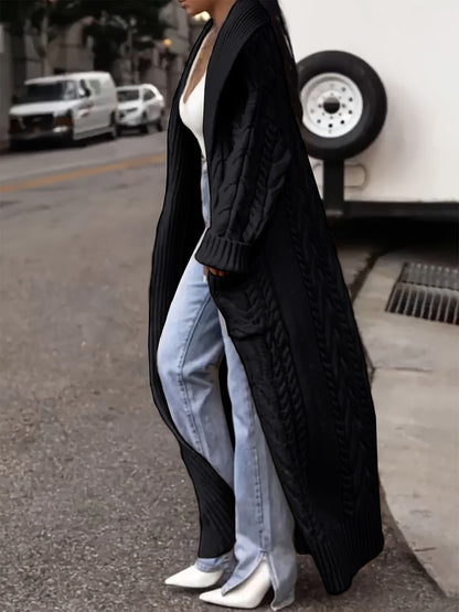 Directional Development of a Long Cardigan Sweater with a Large Collar And Chunky Cable for Spring, Autumn, And Winter.