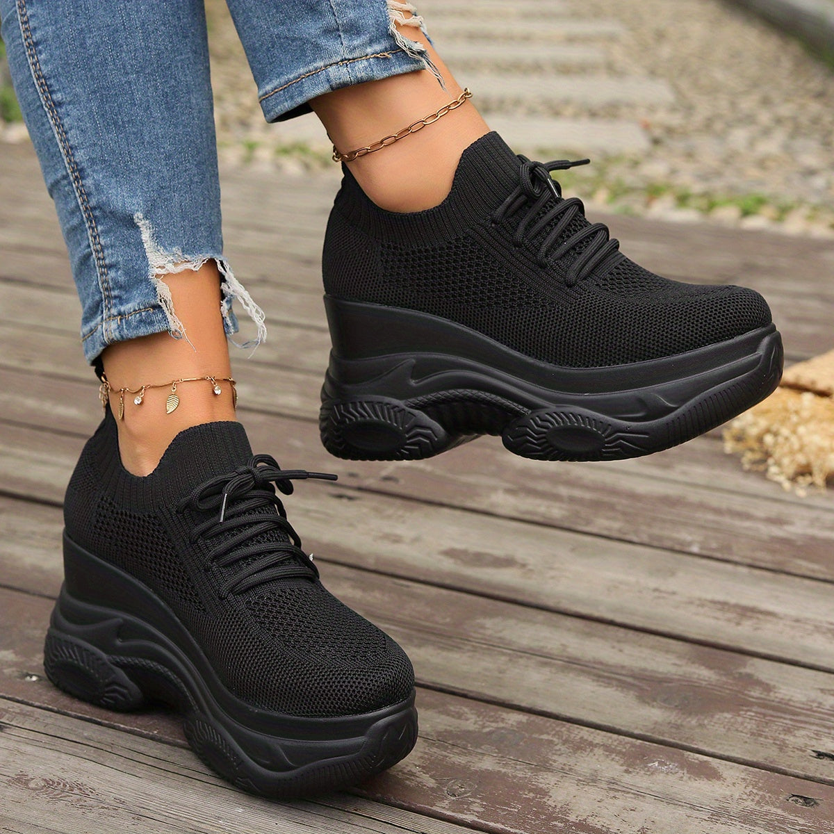 Women'S Fashion Casual Sports Shoes, Wedge Platform Lace-Up Height Increase Breathable Lace-Up Outerwear Sneakers, Rubber Sole, Fabric Upper, All-Season Wear, Casual Style, Positioning Printing, High Top, Plain Toe, Fabric Insole and Inner Material, Fabric Upper Materia