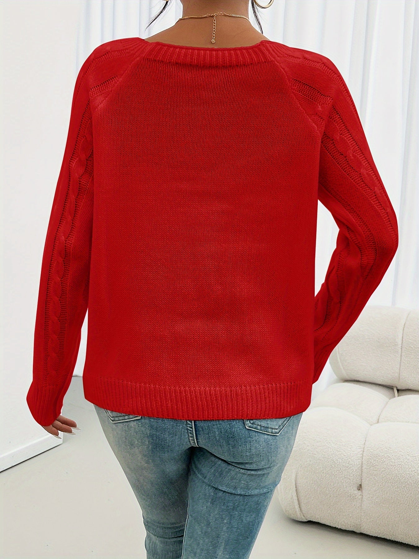 Women's Casual Square Neck Cable- Button-Front Sweater with Lantern Sleeves - Rich Red Medium Stretch Top for Fall Winter Layering, Sweater, Cozy Autumn Apparel, Winter Comfort Clothing, Textured Knitwear, Comfortable Fit