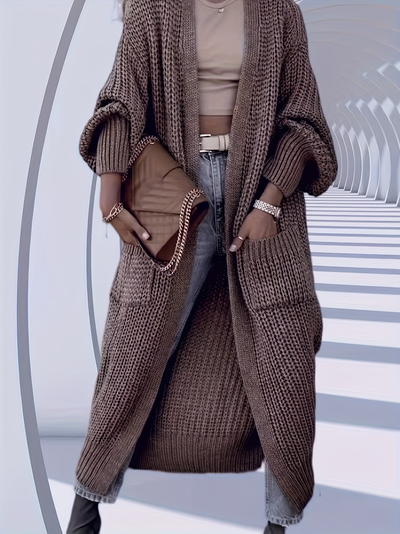 Women's Autumn-Winter Elegant Mid-Length Knee-Length Loose Fit Pocket Sweater Cardigan with Long Sleeves