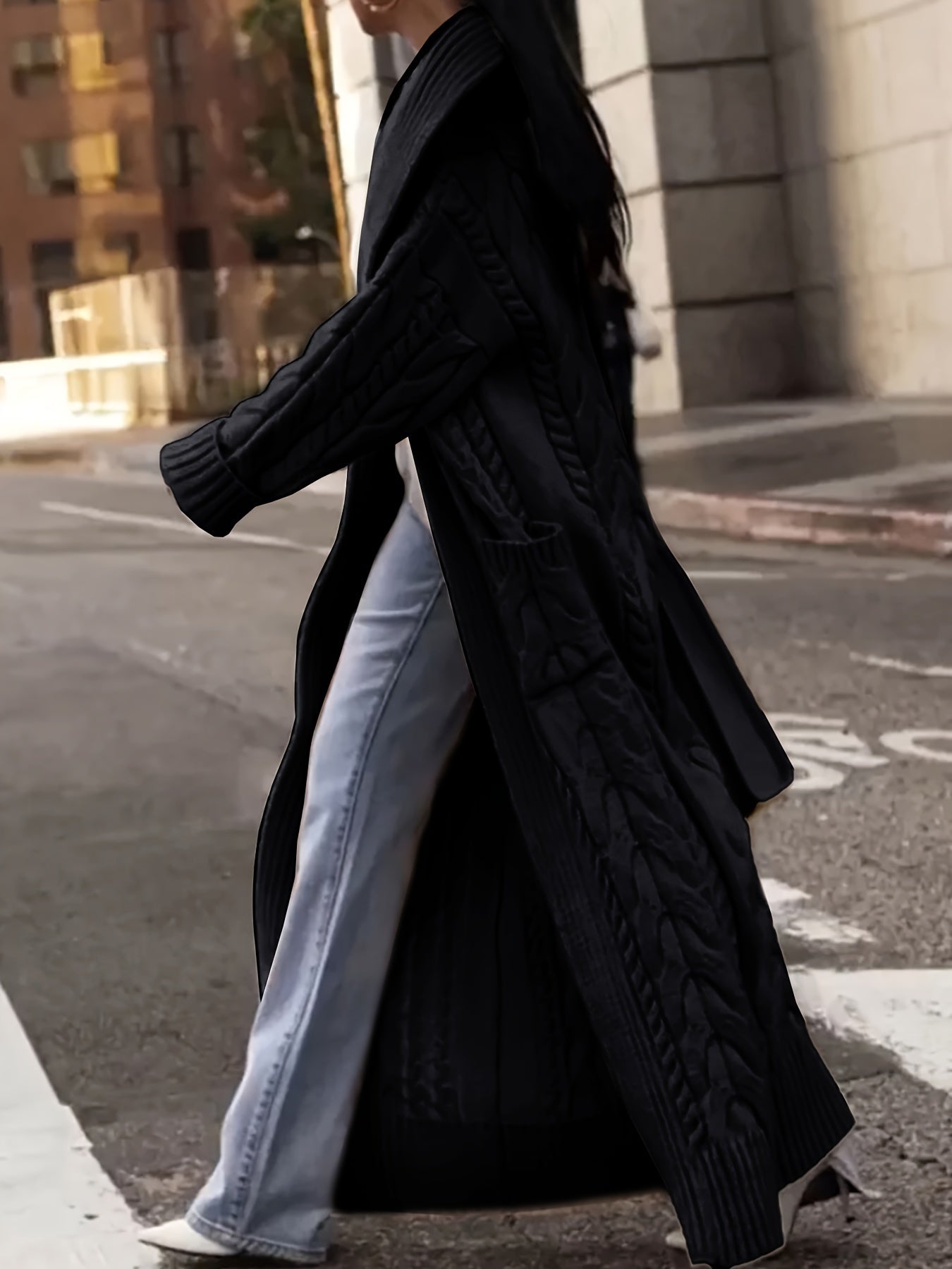 Directional Development of a Long Cardigan Sweater with a Large Collar And Chunky Cable for Spring, Autumn, And Winter.