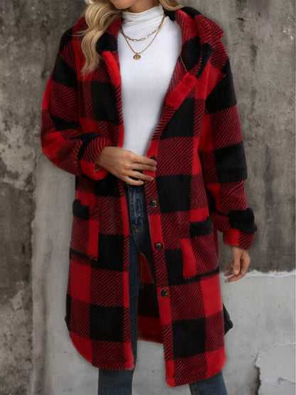 Popular European and American Women's Fashion: New Autumn/Winter Black and White Checkered Double-Sided Plush Hooded Pocket Mid-Length Casual Coat