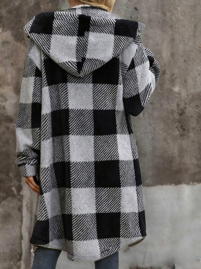 Popular European and American Women's Fashion: New Autumn/Winter Black and White Checkered Double-Sided Plush Hooded Pocket Mid-Length Casual Coat