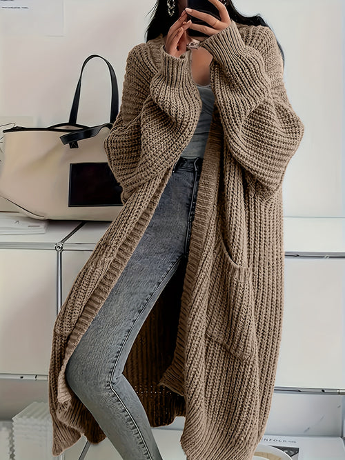 Plus Size - Plus Size Women'S Solid Color Casual Long Sleeve Drop Shoulder Coat | High Stretch, V-neck, Fall/Winter Outerwear