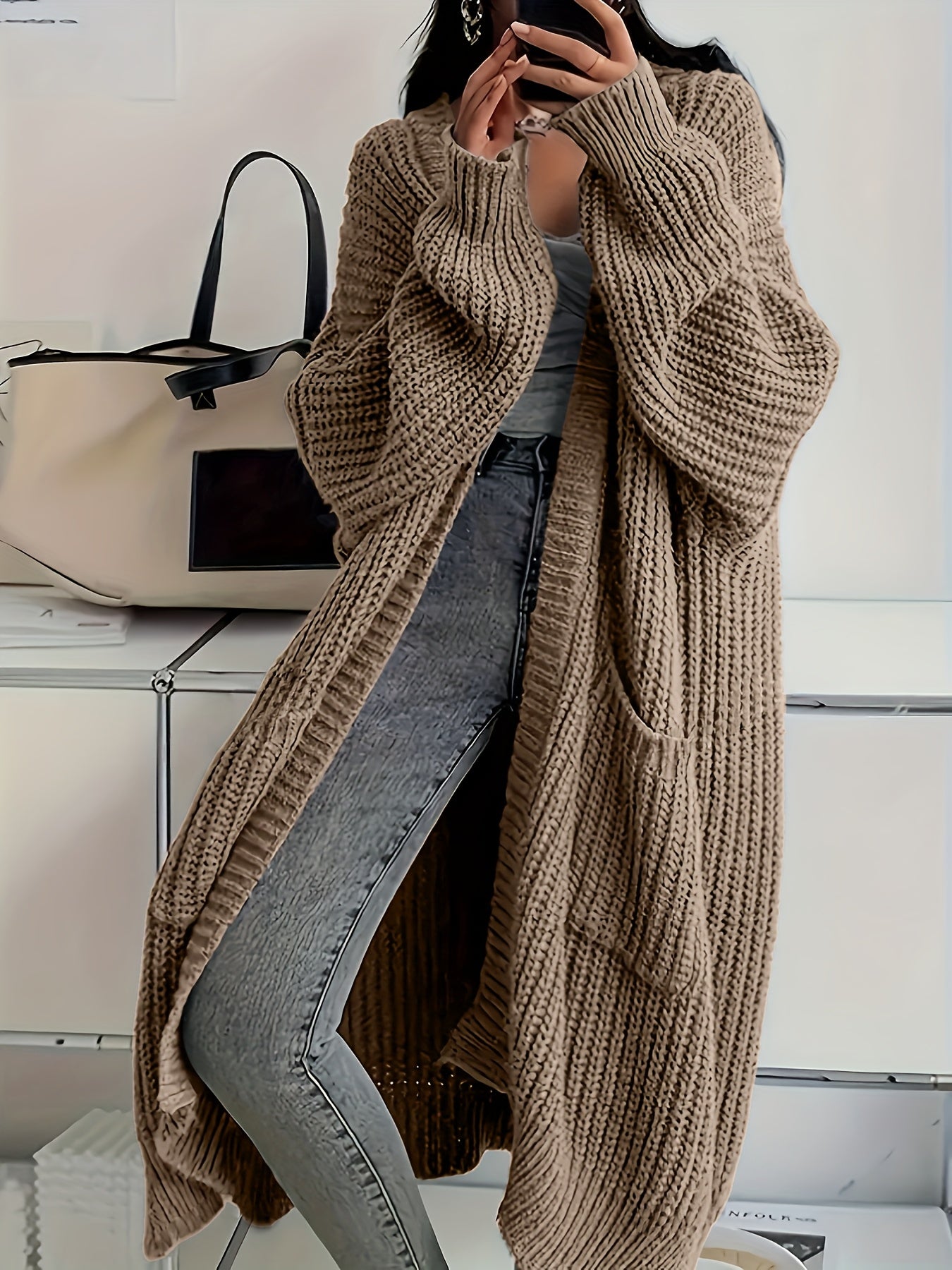 Plus Size - Plus Size Women'S Solid Color Casual Long Sleeve Drop Shoulder Coat | High Stretch, V-neck, Fall/Winter Outerwear