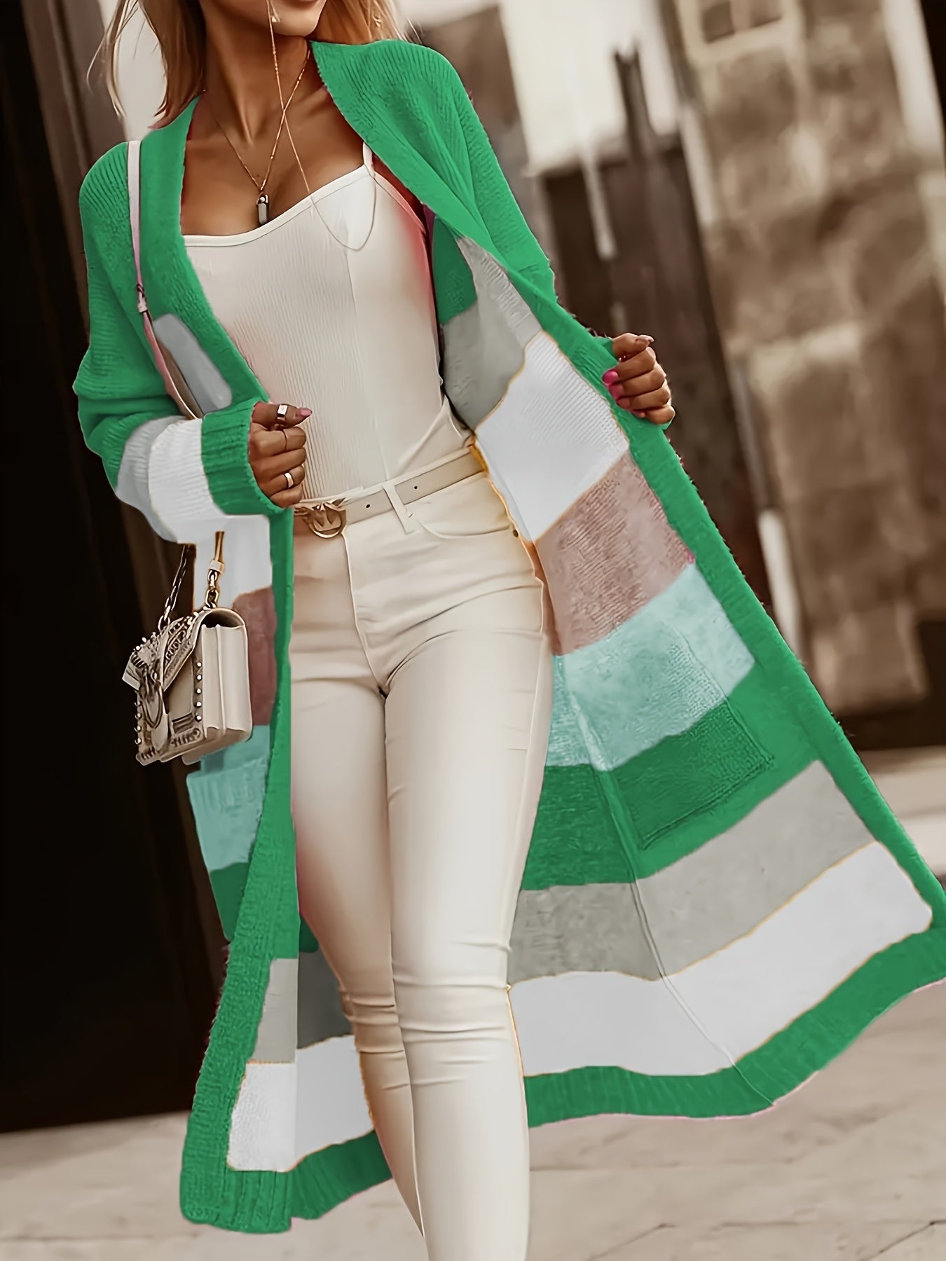 Women'S Color Block V-Neck Long Sleeve Cardigan - Casual Open Front Sweater with Pockets, Lightweight Spring/Fall Layering Piece for Casual Attire, Sweater Cardigan