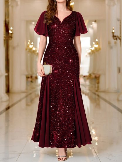 Women'S Elegant Sequin Lace Sweetheart Neckline Maxi Dress with Ruffle Sleeves - Floor-Length Formal Party Wedding Guest Dress, Sparkling Sequin Embellished Evening Gown