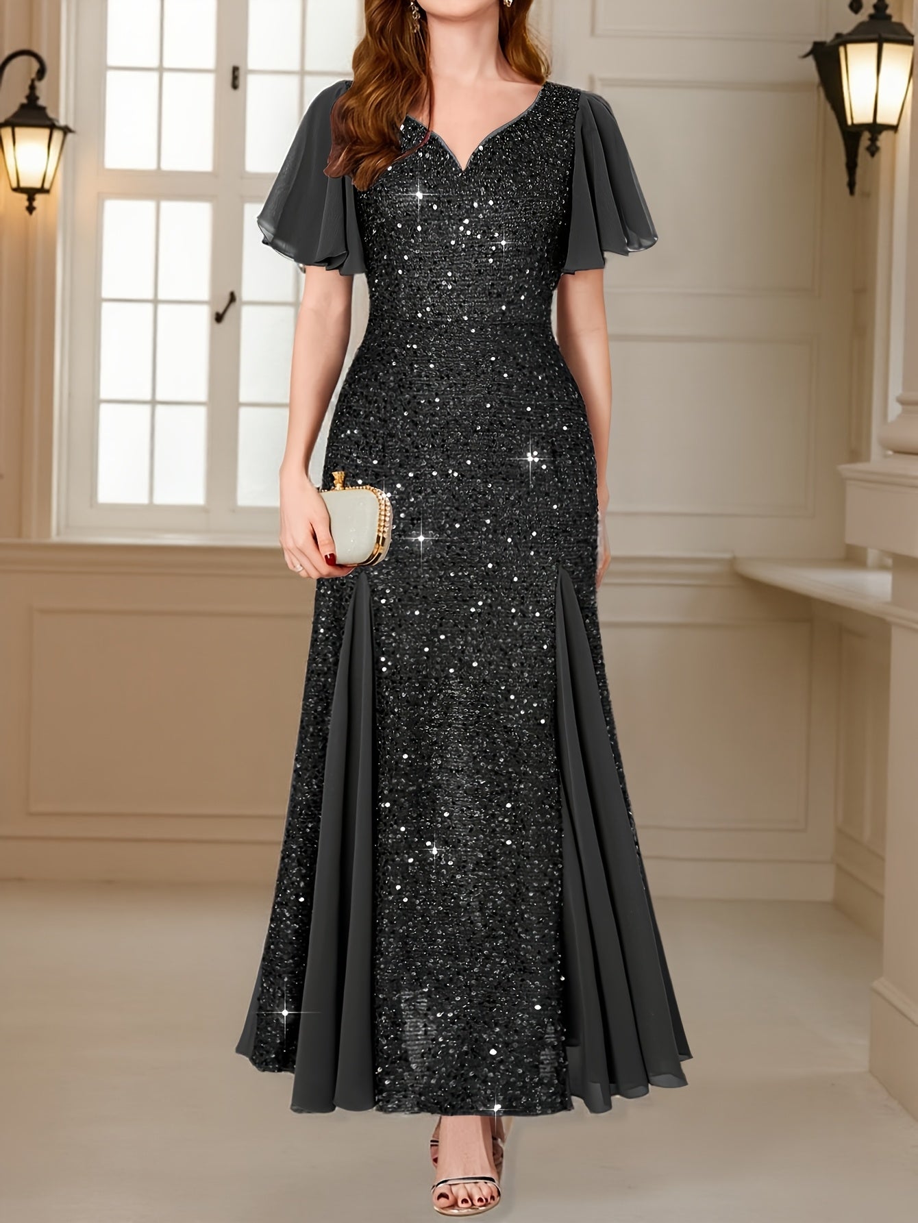 Women'S Elegant Sequin Lace Sweetheart Neckline Maxi Dress with Ruffle Sleeves - Floor-Length Formal Party Wedding Guest Dress, Sparkling Sequin Embellished Evening Gown