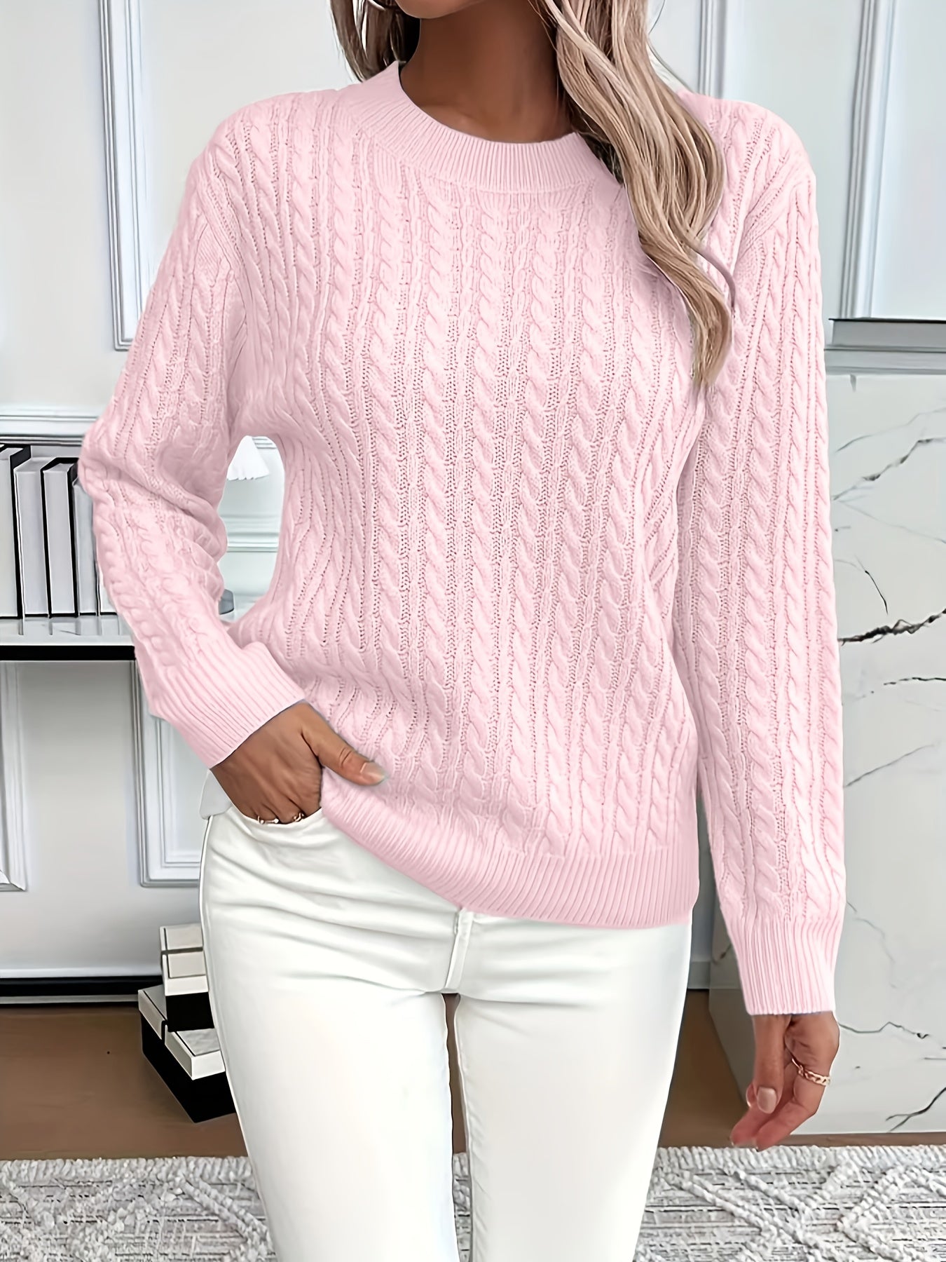Women's Casual Loose-Fit Round Neck Long Sleeve Sweater - Medium Stretch Solid Color with Ribbed Detailing, H-Line Silhouette for Spring/Autumn Layering, Elegant Collection, Cute Sweater, Casual Attire, Comfortable Fit, Pullover Top, Stylish Women