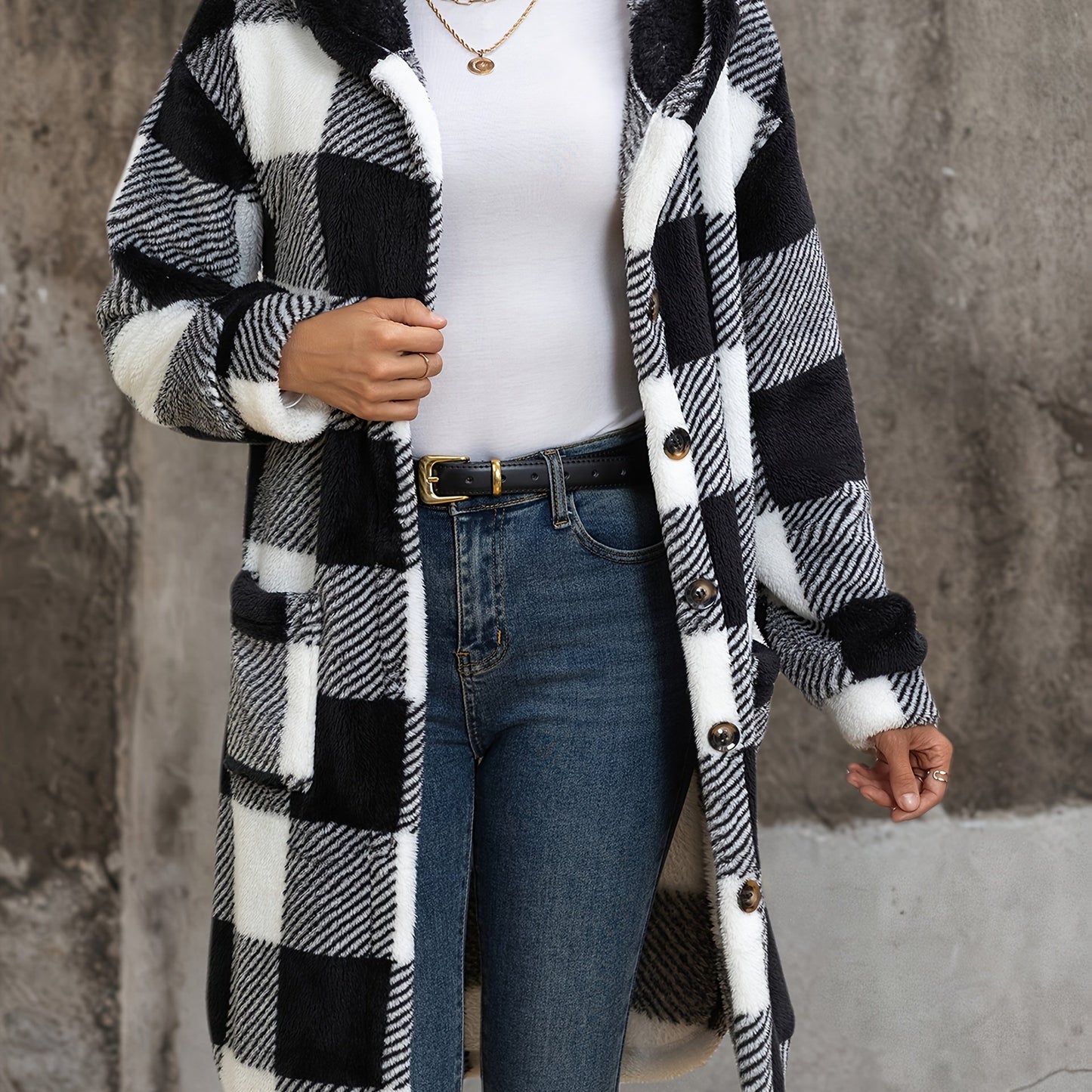 Chic Checkered Plush Hooded Coat - Elegant & Cozy