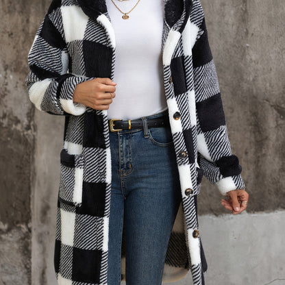 Chic Checkered Plush Hooded Coat - Elegant & Cozy
