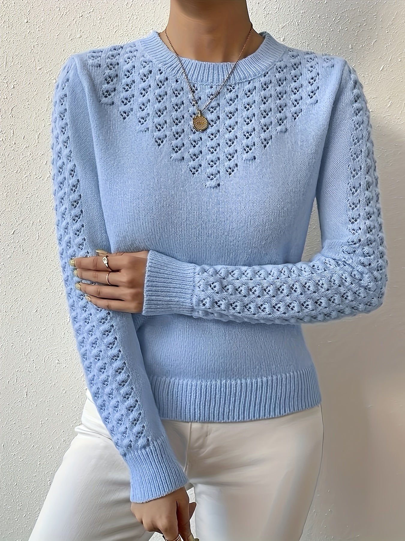 Women'S Light Sweater - Soft Round Neck Pullover with Geometric Pattern, Chic Office to Party Outfit, All-Season Everyday & Formal Wear, Elegant Women'S Sweater For Year-round Style, Ladies Sweaters, Casual Wear, Durable Construction, Stylish Top