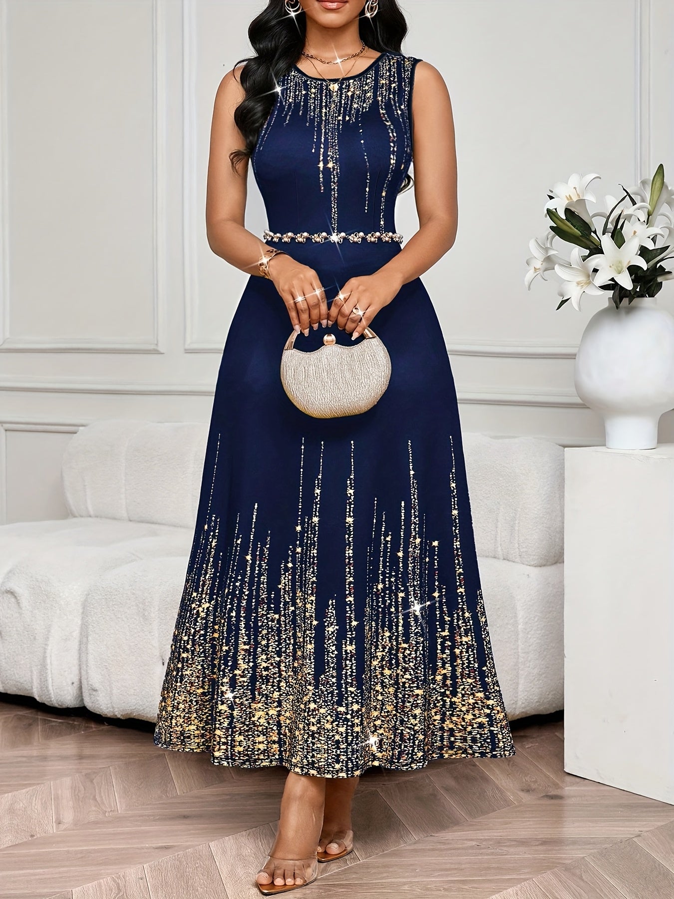 Women'S Elegant Navy & Golden Glitter Print Sleeveless Maxi Dress - Formal Party Evening Gown with Round Neck, Zipper Back Closure