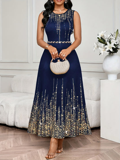 Women'S Elegant Navy & Golden Glitter Print Sleeveless Maxi Dress - Formal Party Evening Gown with Round Neck, Zipper Back Closure