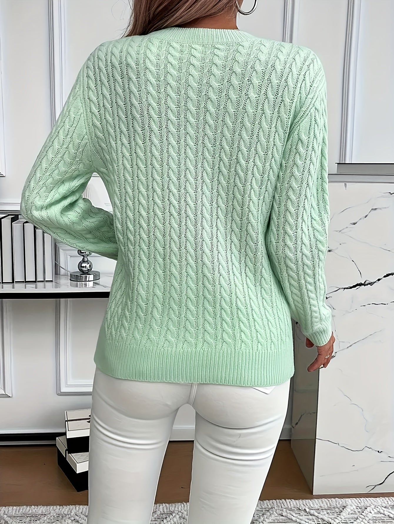 Women's Casual Loose-Fit Round Neck Long Sleeve Sweater - Medium Stretch Solid Color with Ribbed Detailing, H-Line Silhouette for Spring/Autumn Layering, Elegant Collection, Cute Sweater, Casual Attire, Comfortable Fit, Pullover Top, Stylish Women