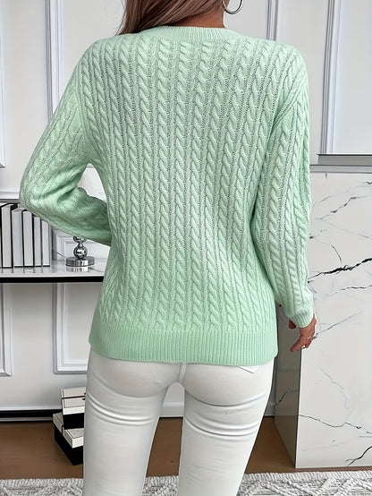 Women's Casual Loose-Fit Round Neck Long Sleeve Sweater - Medium Stretch Solid Color with Ribbed Detailing, H-Line Silhouette for Spring/Autumn Layering, Elegant Collection, Cute Sweater, Casual Attire, Comfortable Fit, Pullover Top, Stylish Women